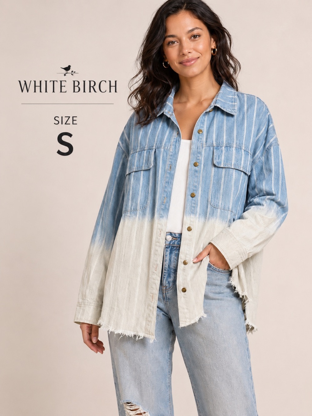 White Birch Blue Ombré Striped Denim Button Down oversized cotton Shirt Size S